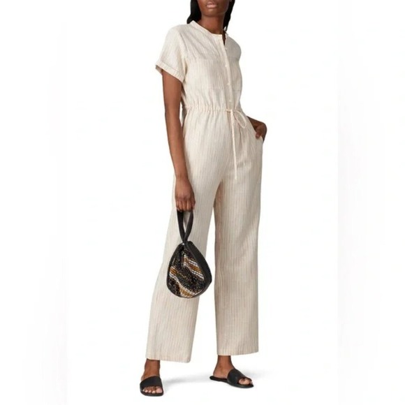 Line and Dot Pants - Line and Dot Striped Button Front Drawstring Waist Wide Leg Jumpsuit‎ Small